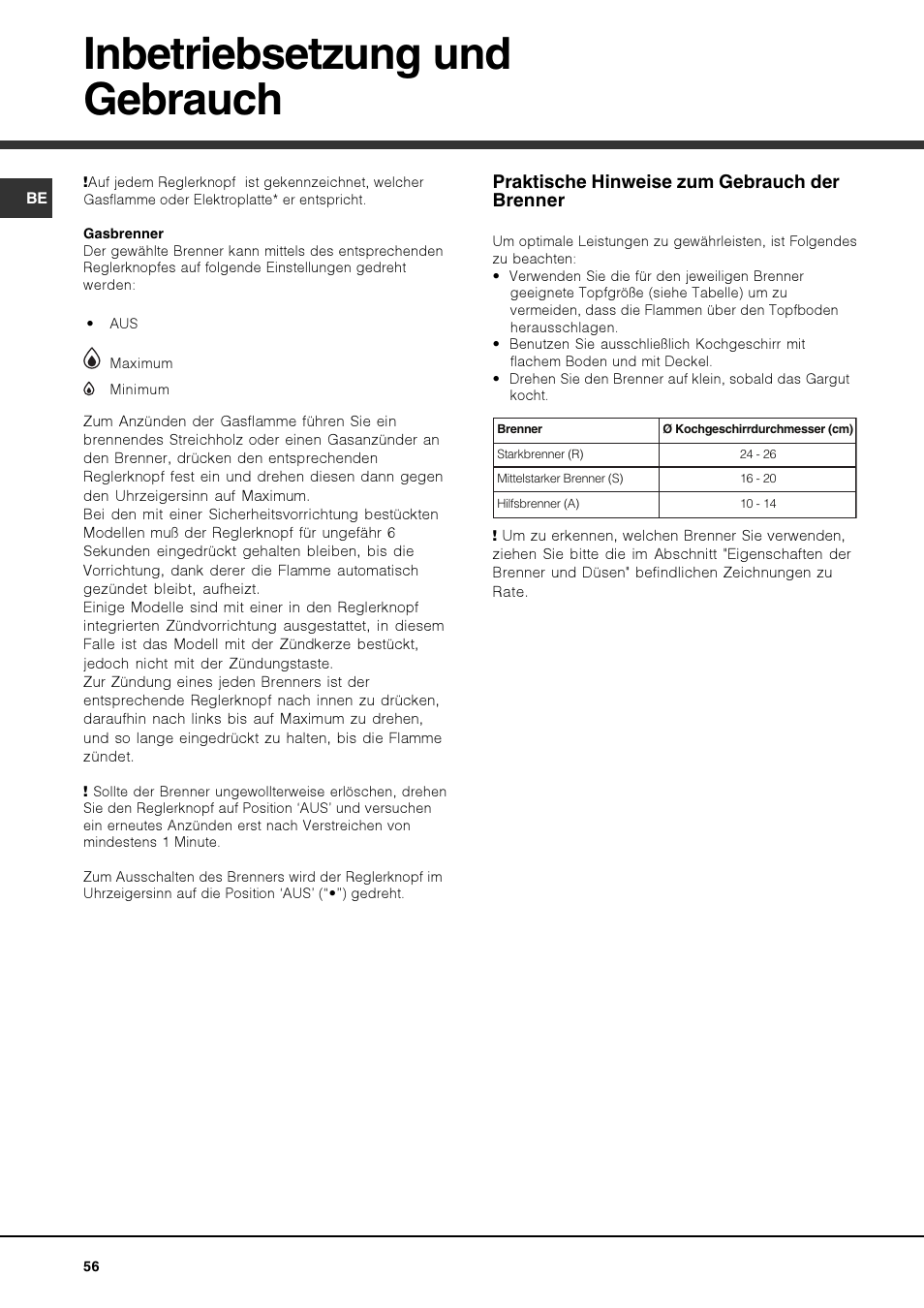 Inbetriebsetzung und gebrauch, Praktische hinweise zum gebrauch der brenner | Hotpoint Ariston PKQ 644 D GH (K)-HA User Manual | Page 56 / 80