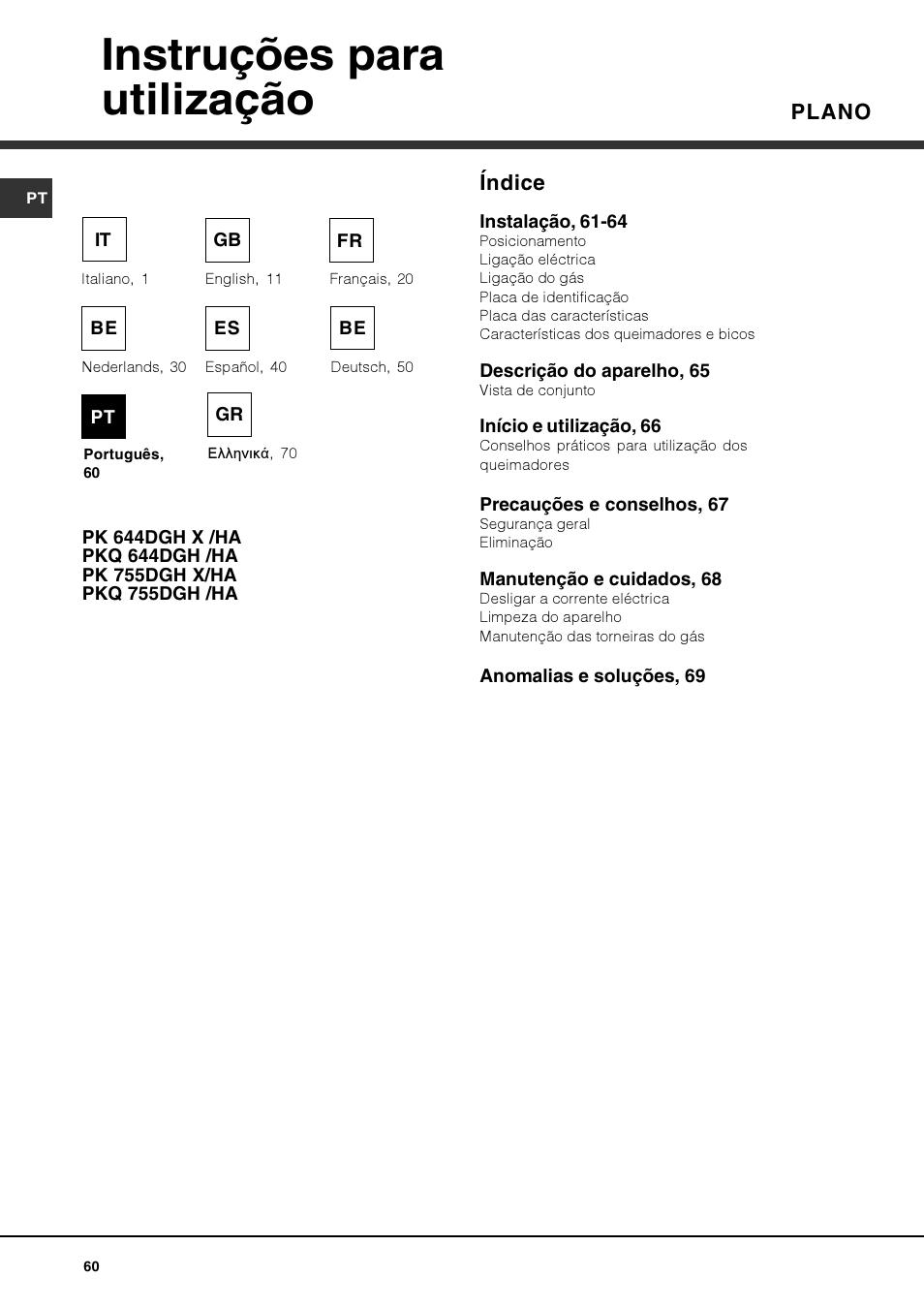 Instruções para utilização, Plano índice | Hotpoint Ariston PKQ 644 D GH (K)-HA User Manual | Page 60 / 80