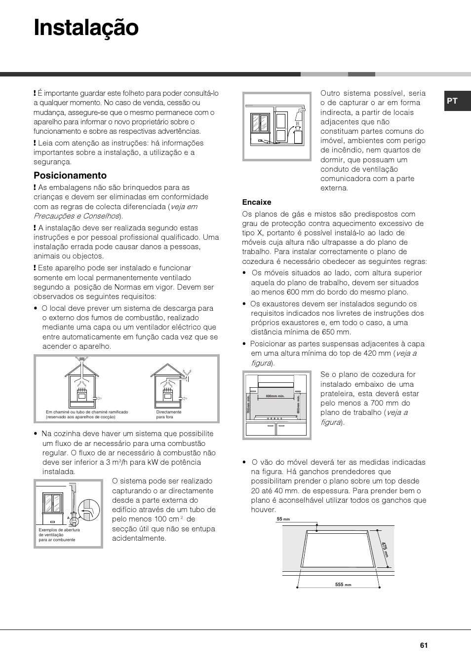 Instalação, Posicionamento | Hotpoint Ariston PKQ 644 D GH (K)-HA User Manual | Page 61 / 80
