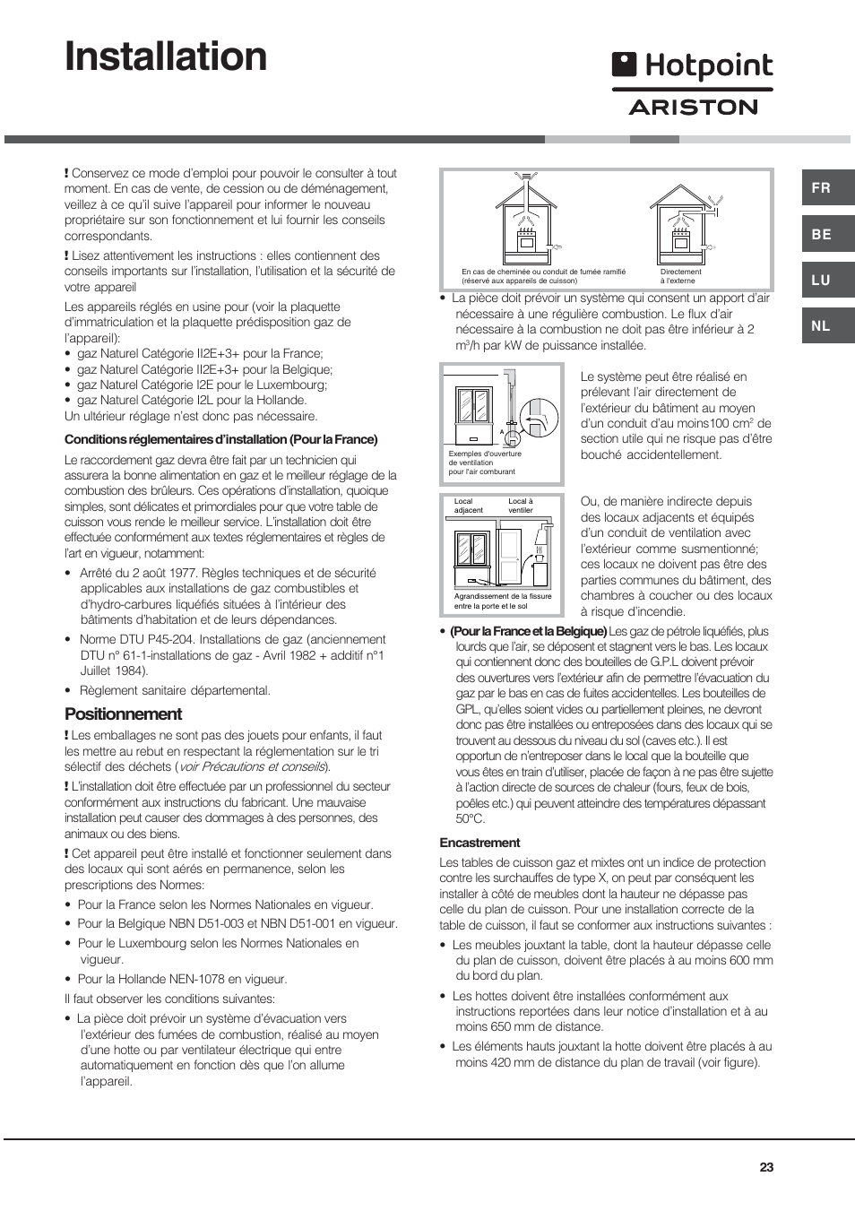 Installation, Positionnement | Hotpoint Ariston TD 640 S (ICE) IX-HA User Manual | Page 23 / 56