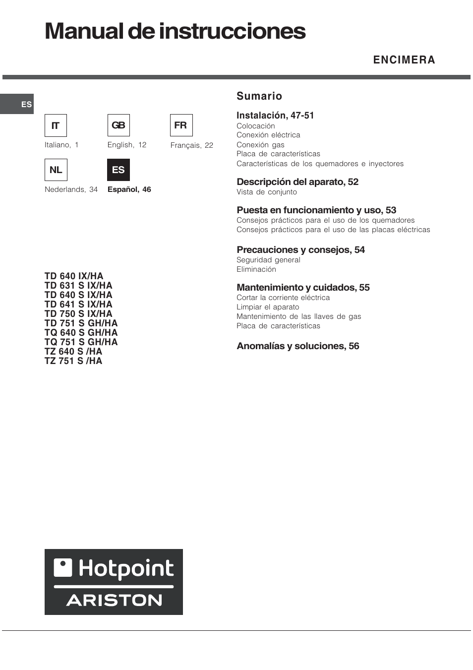 Manual de instrucciones, Encimera, Sumario | Hotpoint Ariston TD 640 S (ICE) IX-HA User Manual | Page 46 / 56