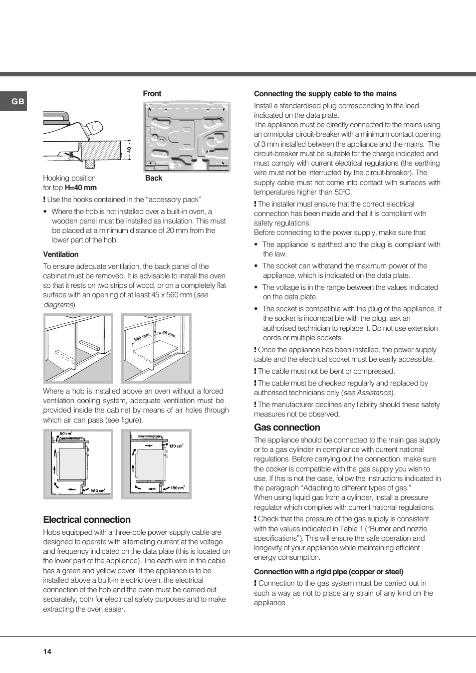 Electrical connection, Gas connection | Hotpoint Ariston PF 640 ES (WH)-HA User Manual | Page 14 / 56