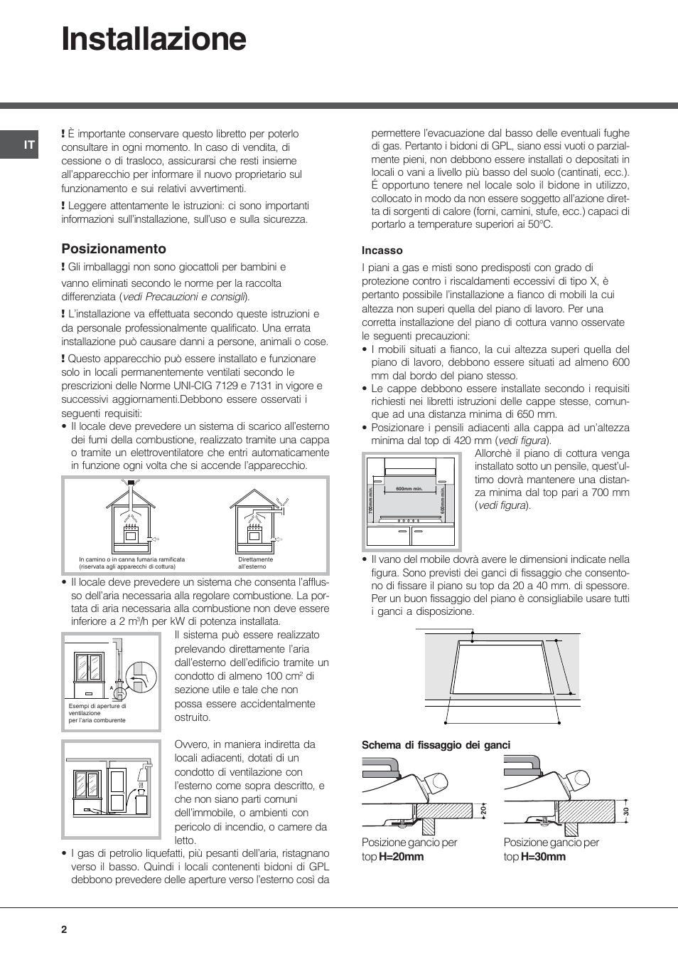 Installazione, Posizionamento | Hotpoint Ariston PF 640 ES (WH)-HA User Manual | Page 2 / 56