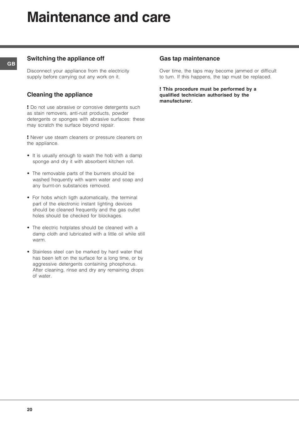 Maintenance and care | Hotpoint Ariston PF 640 ES (WH)-HA User Manual | Page 20 / 56