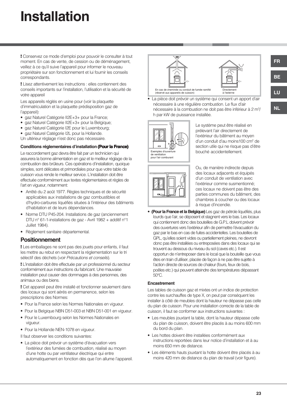 Installation, Positionnement | Hotpoint Ariston PF 640 ES (WH)-HA User Manual | Page 23 / 56