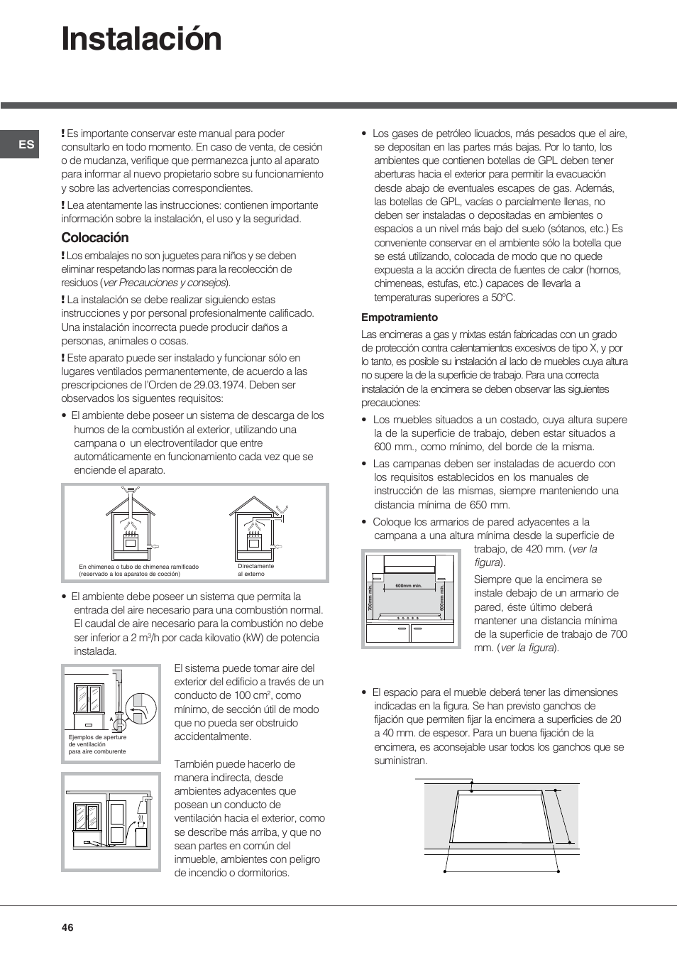 Instalación, Colocación | Hotpoint Ariston PF 640 ES (WH)-HA User Manual | Page 46 / 56