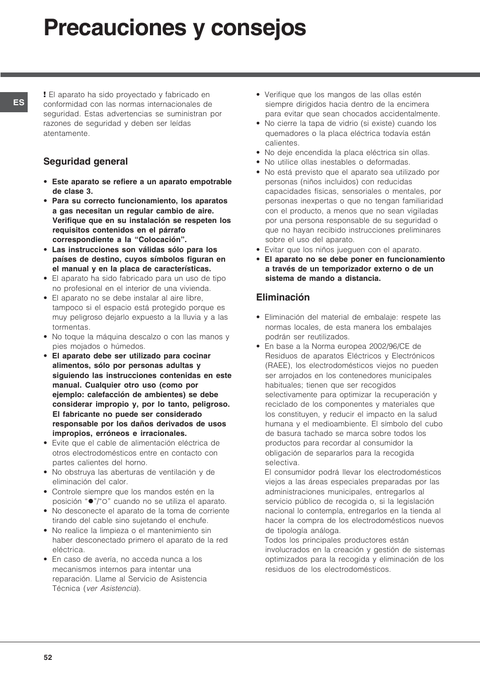 Precauciones y consejos | Hotpoint Ariston PF 640 ES (WH)-HA User Manual | Page 52 / 56