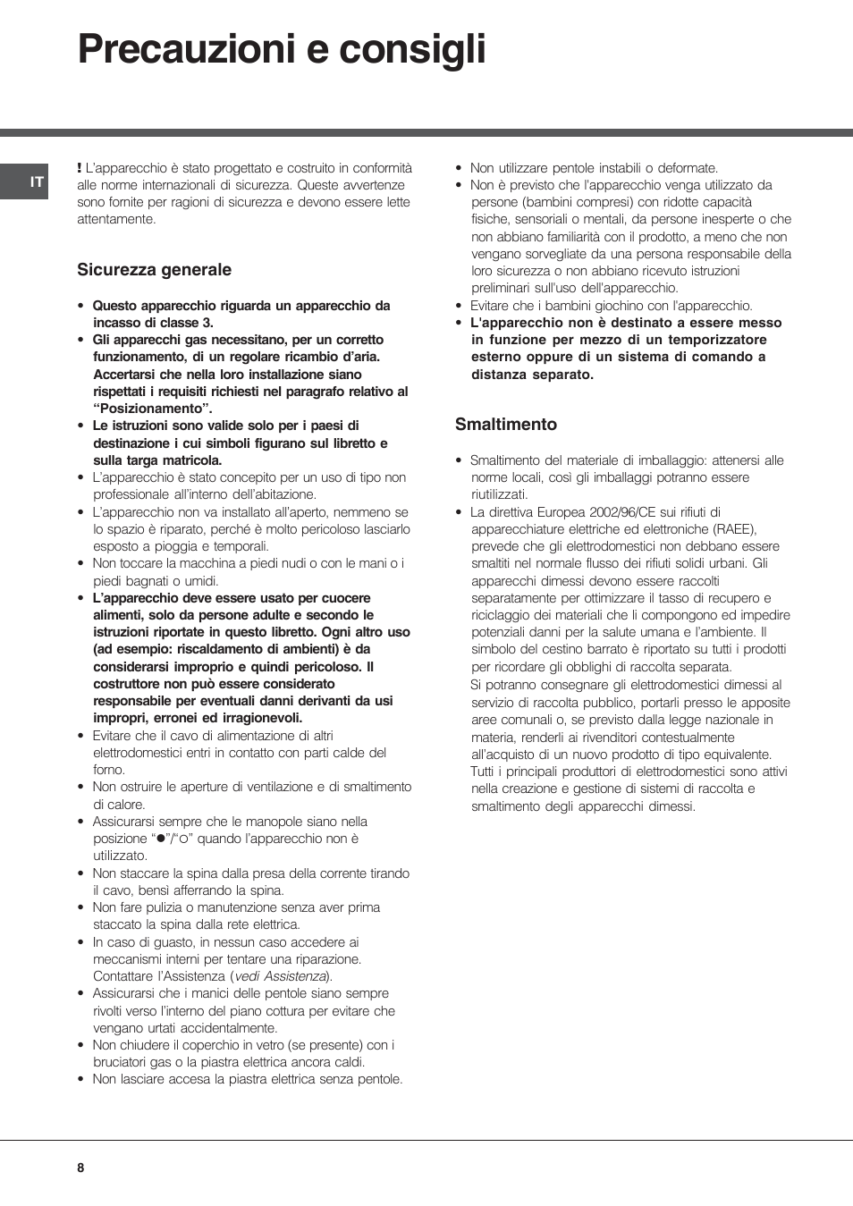Precauzioni e consigli | Hotpoint Ariston PF 640 ES (WH)-HA User Manual | Page 8 / 56
