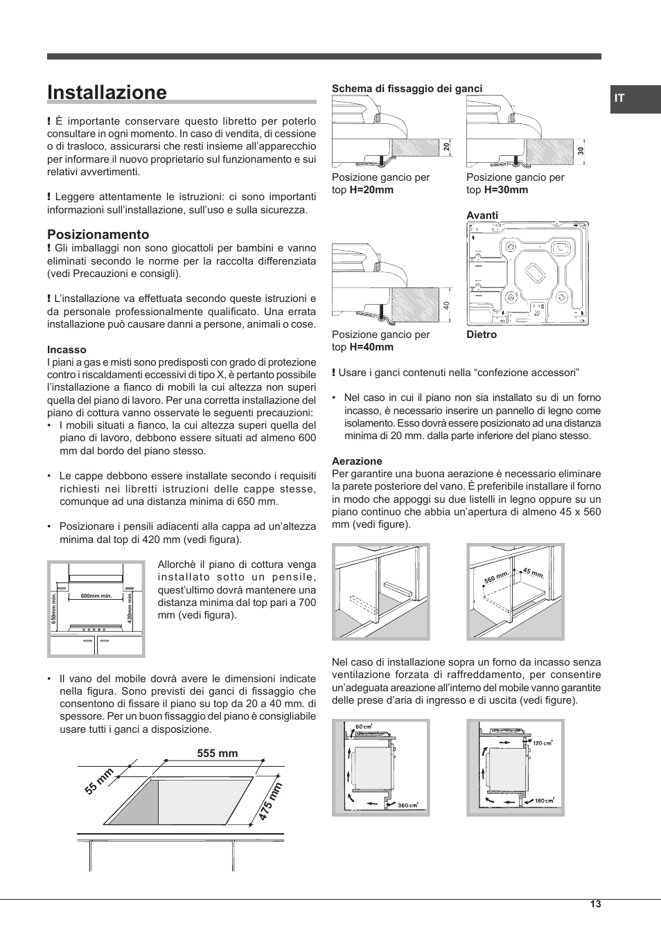 Installazione, Posizionamento | Hotpoint Ariston PC 604 (WH)-HA User Manual | Page 13 / 44