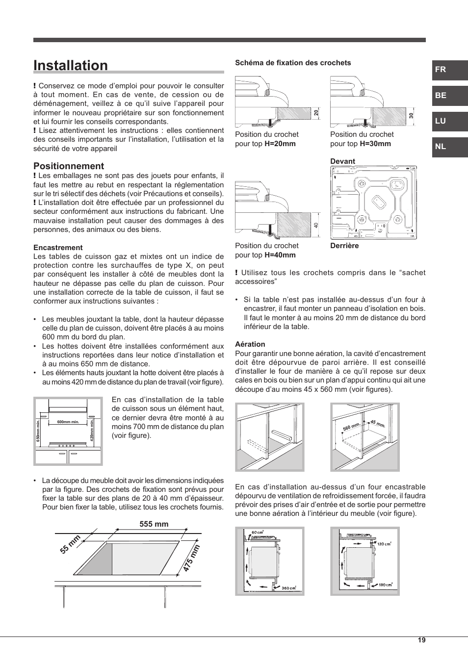 Installation, Positionnement | Hotpoint Ariston PC 604 (WH)-HA User Manual | Page 19 / 44