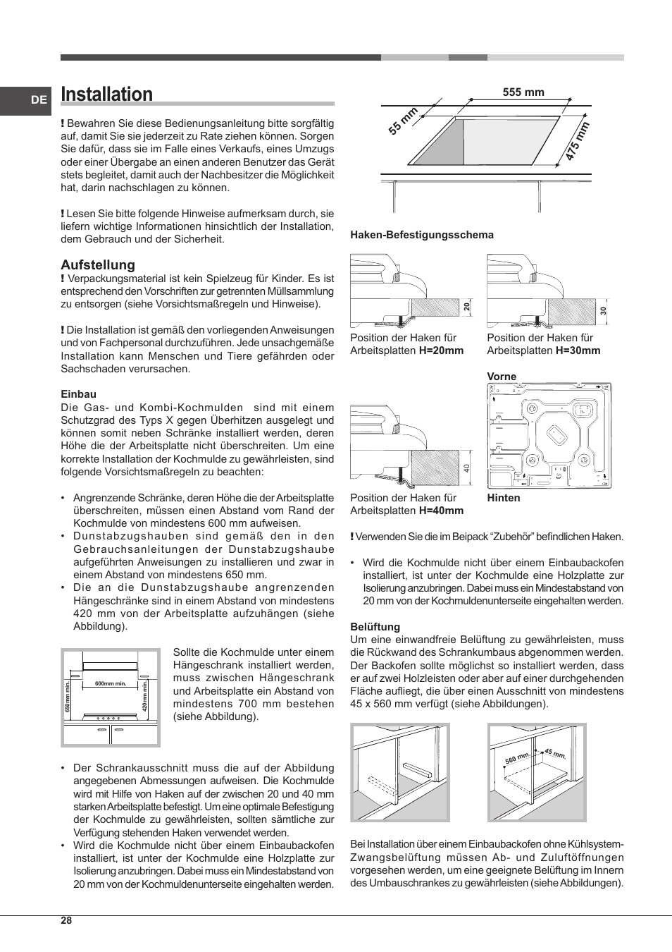 Installation, Aufstellung | Hotpoint Ariston PC 604 (WH)-HA User Manual | Page 28 / 44