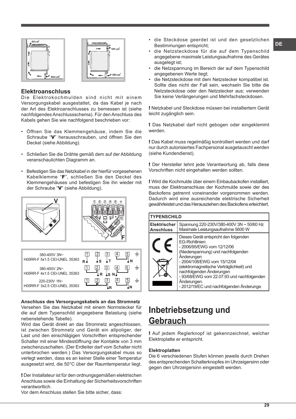 Inbetriebsetzung und gebrauch, Elektroanschluss | Hotpoint Ariston PC 604 (WH)-HA User Manual | Page 29 / 44