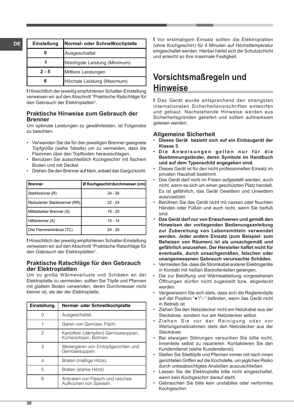 Vorsichtsmaßregeln und hinweise, Praktische hinweise zum gebrauch der brenner, Allgemeine sicherheit | Hotpoint Ariston PC 604 (WH)-HA User Manual | Page 30 / 44