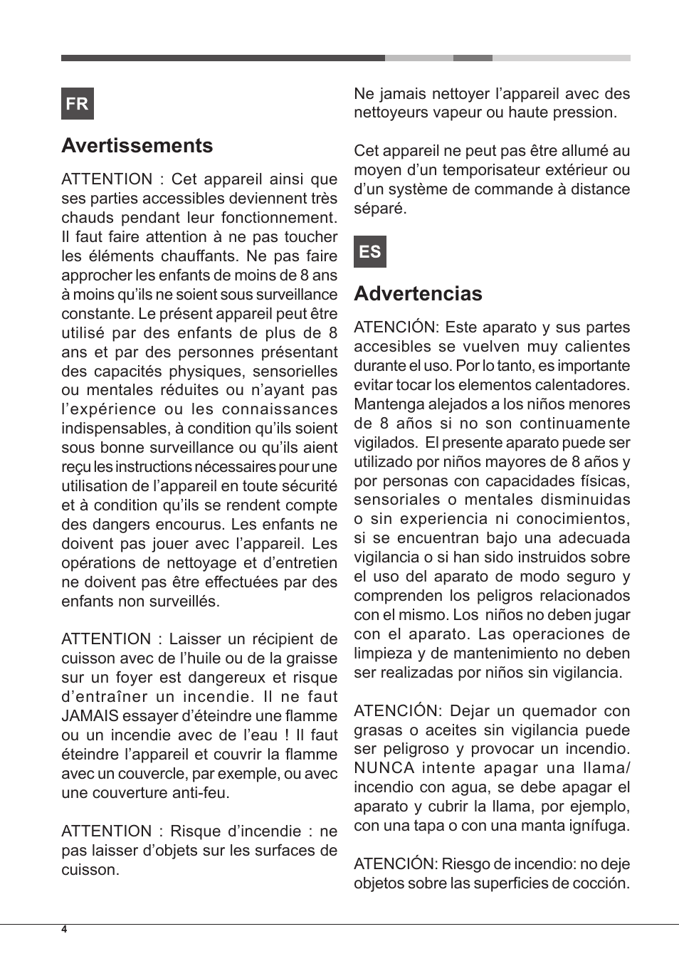 Avertissements, Advertencias | Hotpoint Ariston PC 604 (WH)-HA User Manual | Page 4 / 44