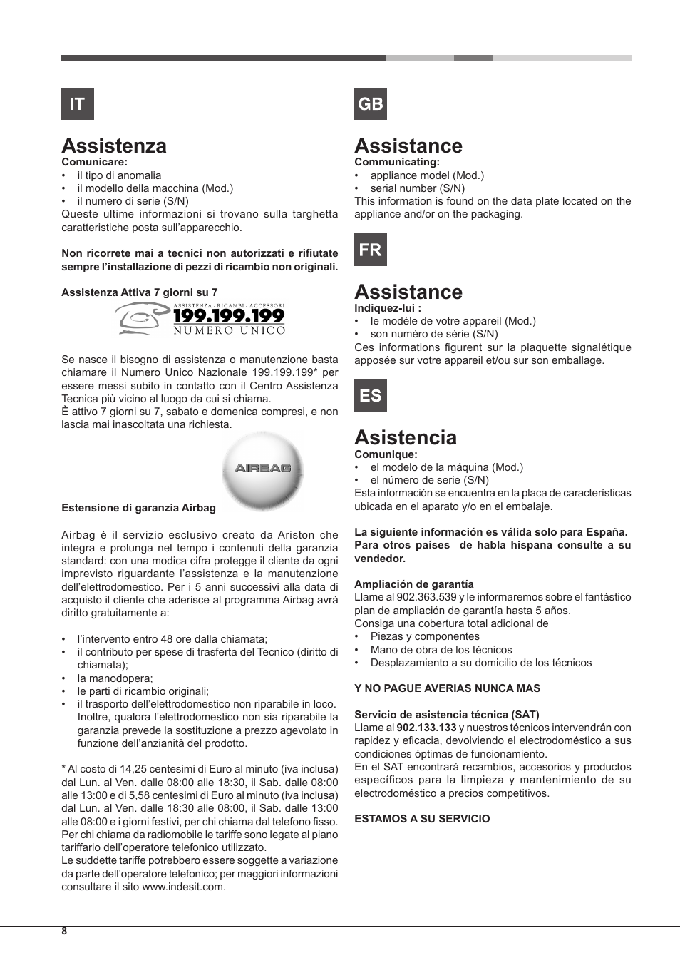 Assistenza, Assistance, Asistencia | Hotpoint Ariston PC 604 (WH)-HA User Manual | Page 8 / 44