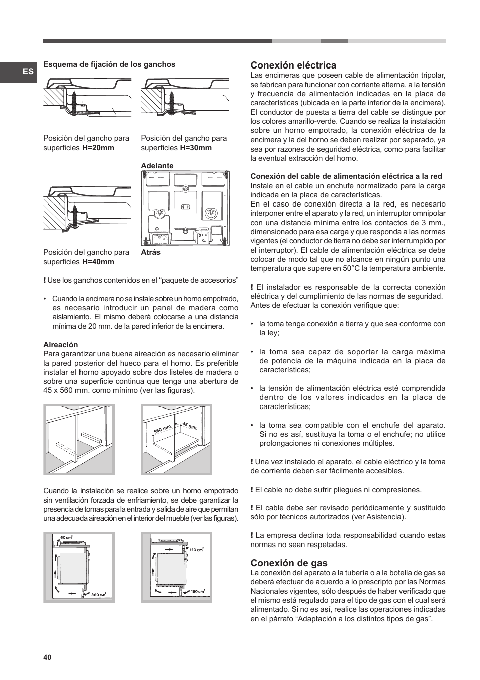 Conexión eléctrica, Conexión de gas | Hotpoint Ariston PH 640MST (AV) R-HA User Manual | Page 40 / 84