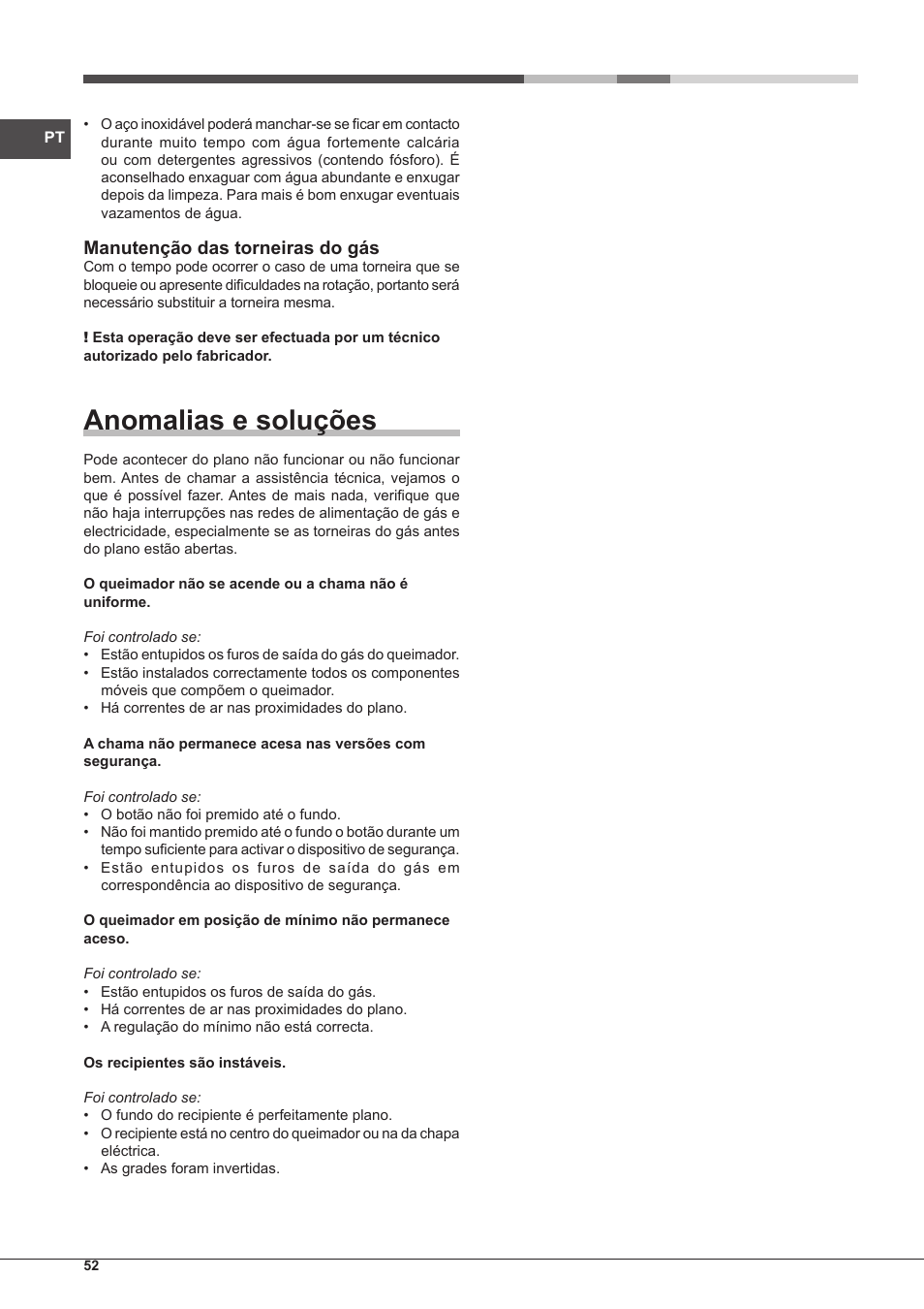 Anomalias e soluções, Manutenção das torneiras do gás | Hotpoint Ariston PH 640MST (AV) R-HA User Manual | Page 52 / 84