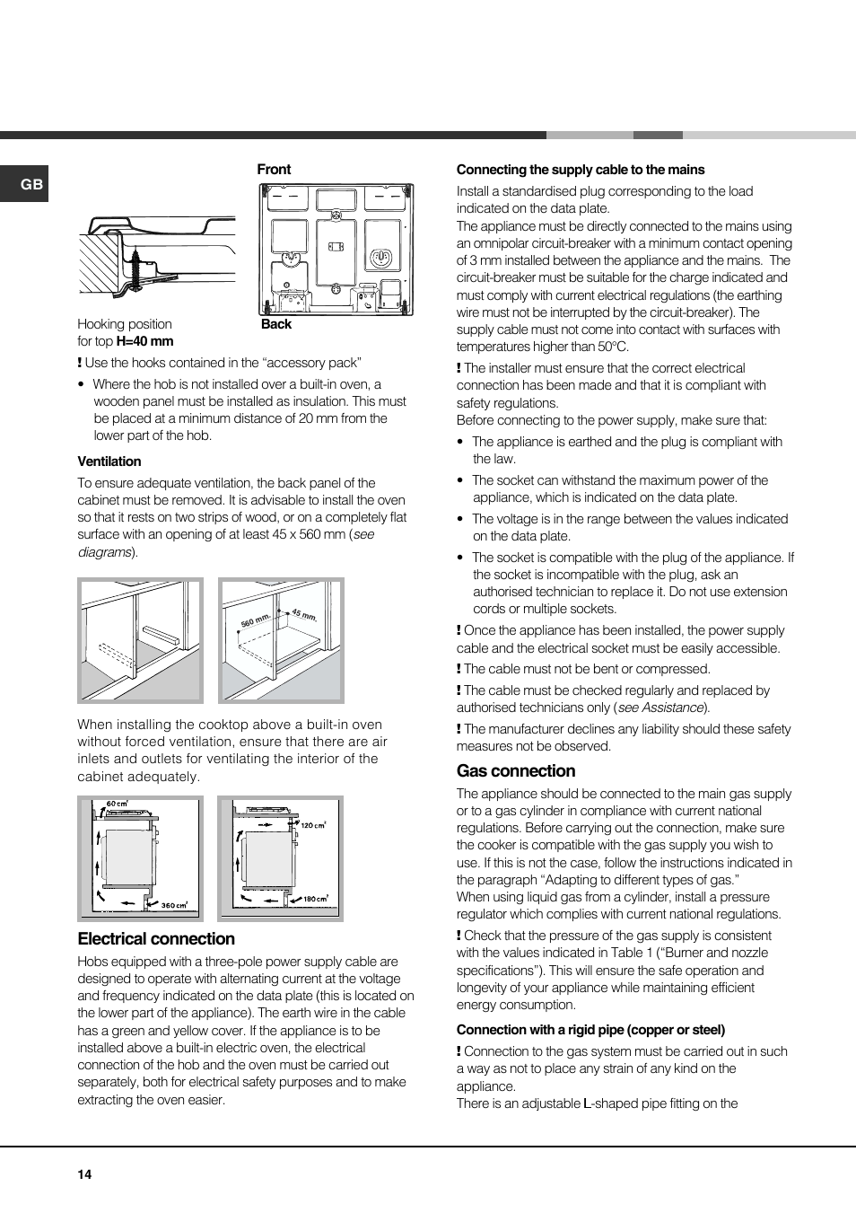 Electrical connection, Gas connection | Hotpoint Ariston PH 631MS (WH)-HA User Manual | Page 14 / 68