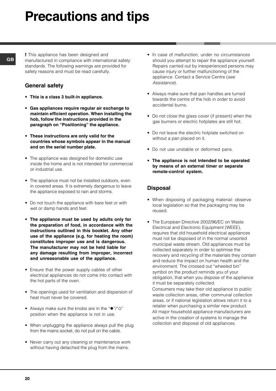 Precautions and tips | Hotpoint Ariston PH 631MS (WH)-HA User Manual | Page 20 / 68
