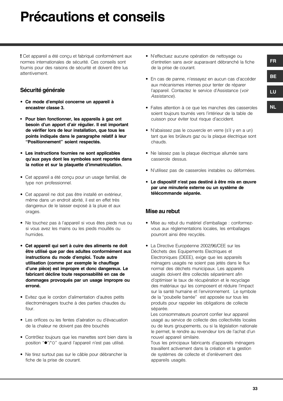Précautions et conseils | Hotpoint Ariston PH 631MS (WH)-HA User Manual | Page 33 / 68