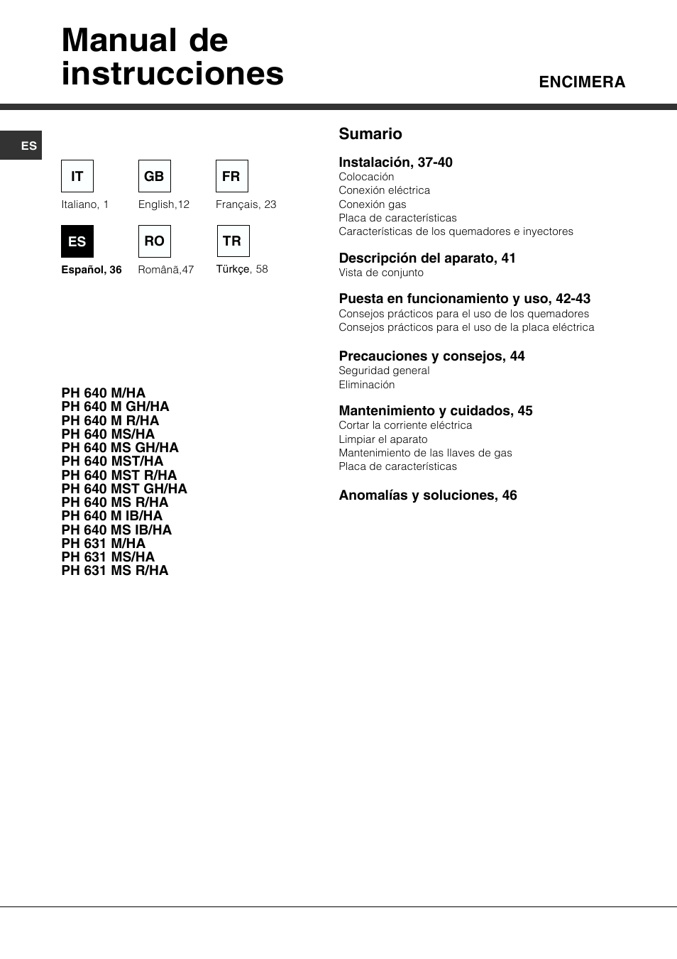 Manual de instrucciones | Hotpoint Ariston PH 631MS (WH)-HA User Manual | Page 36 / 68