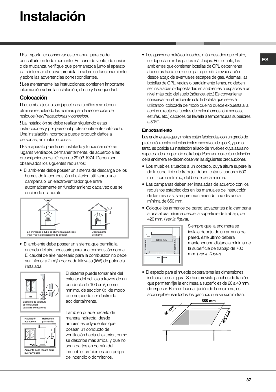 Instalación, Colocación | Hotpoint Ariston PH 631MS (WH)-HA User Manual | Page 37 / 68