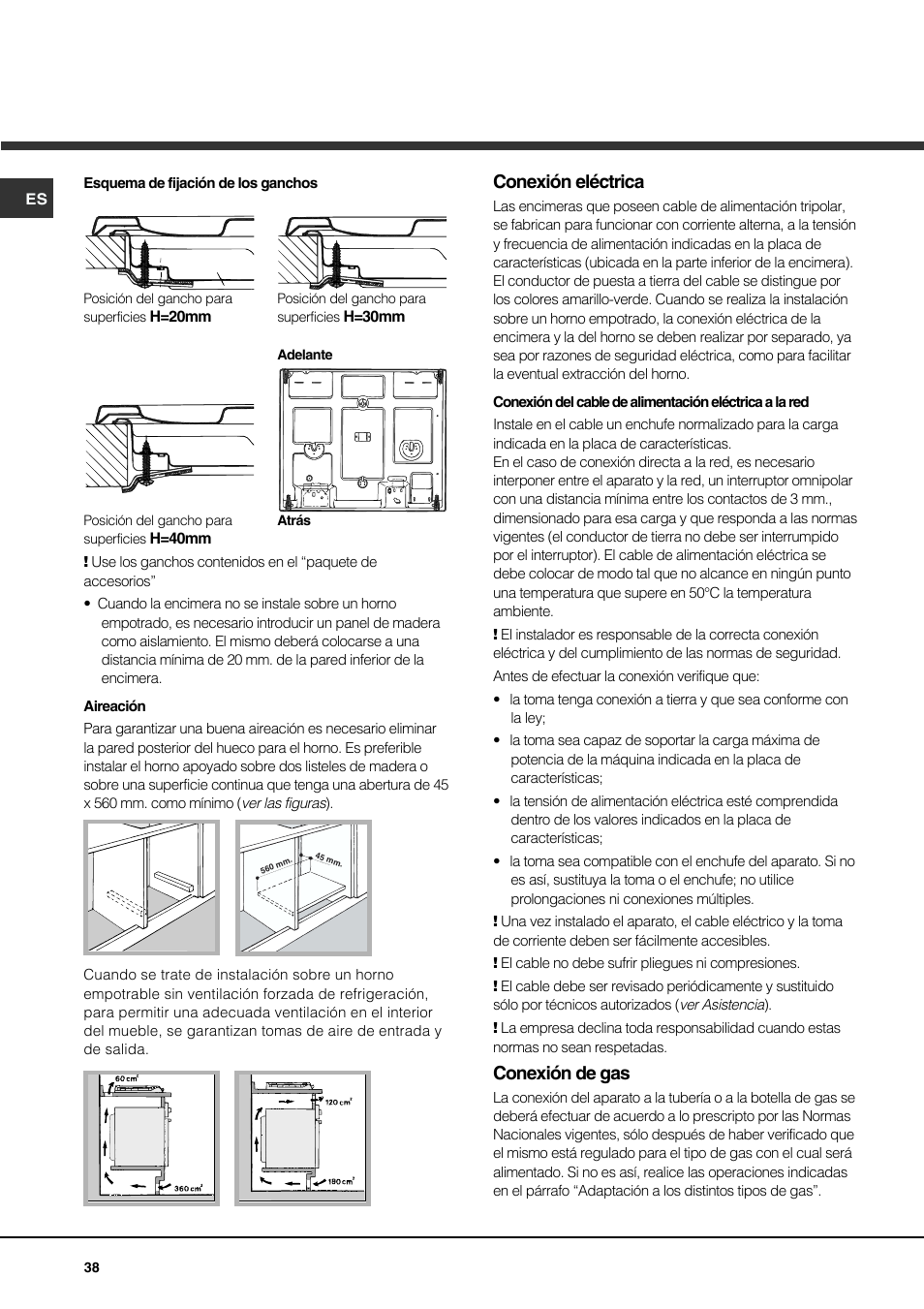 Conexión eléctrica, Conexión de gas | Hotpoint Ariston PH 631MS (WH)-HA User Manual | Page 38 / 68
