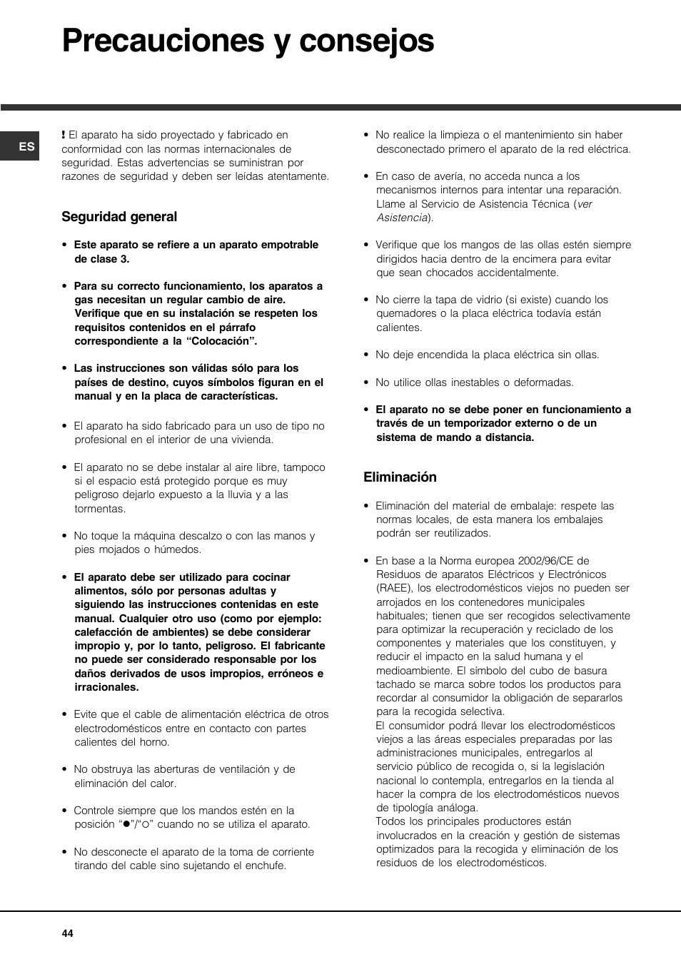 Precauciones y consejos | Hotpoint Ariston PH 631MS (WH)-HA User Manual | Page 44 / 68