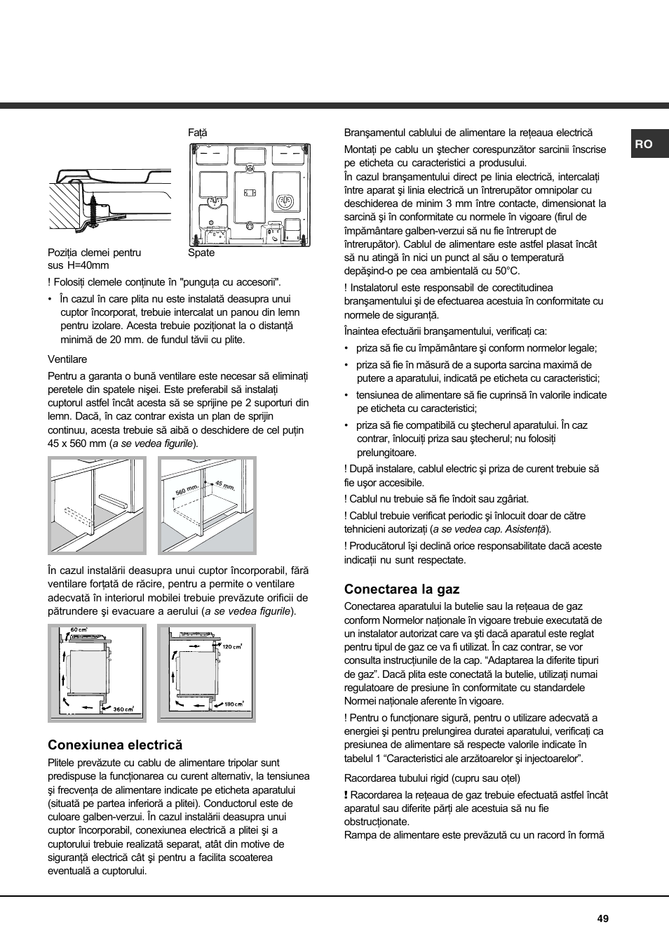 Conexiunea electrică, Conectarea la gaz | Hotpoint Ariston PH 631MS (WH)-HA User Manual | Page 49 / 68