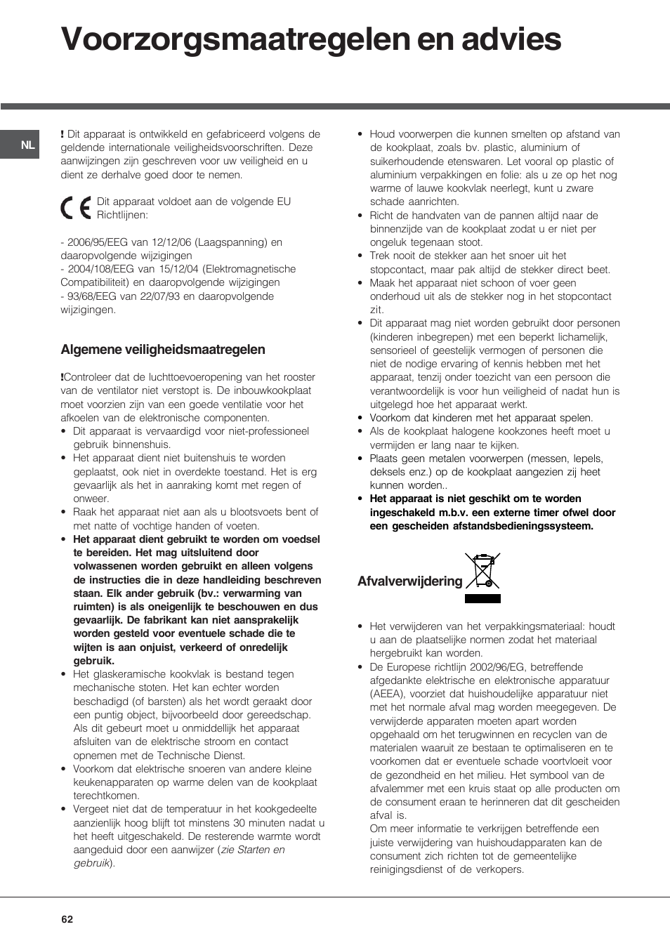 Voorzorgsmaatregelen en advies | Hotpoint Ariston KRM 640 X User Manual | Page 62 / 72