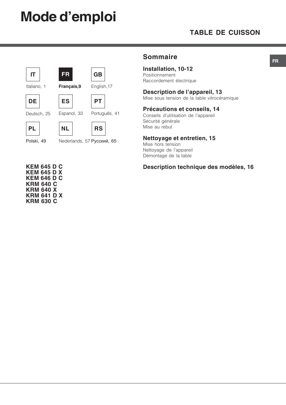 Mode d’emploi, Sommaire, Table de cuisson | Hotpoint Ariston KRM 640 X User Manual | Page 9 / 72