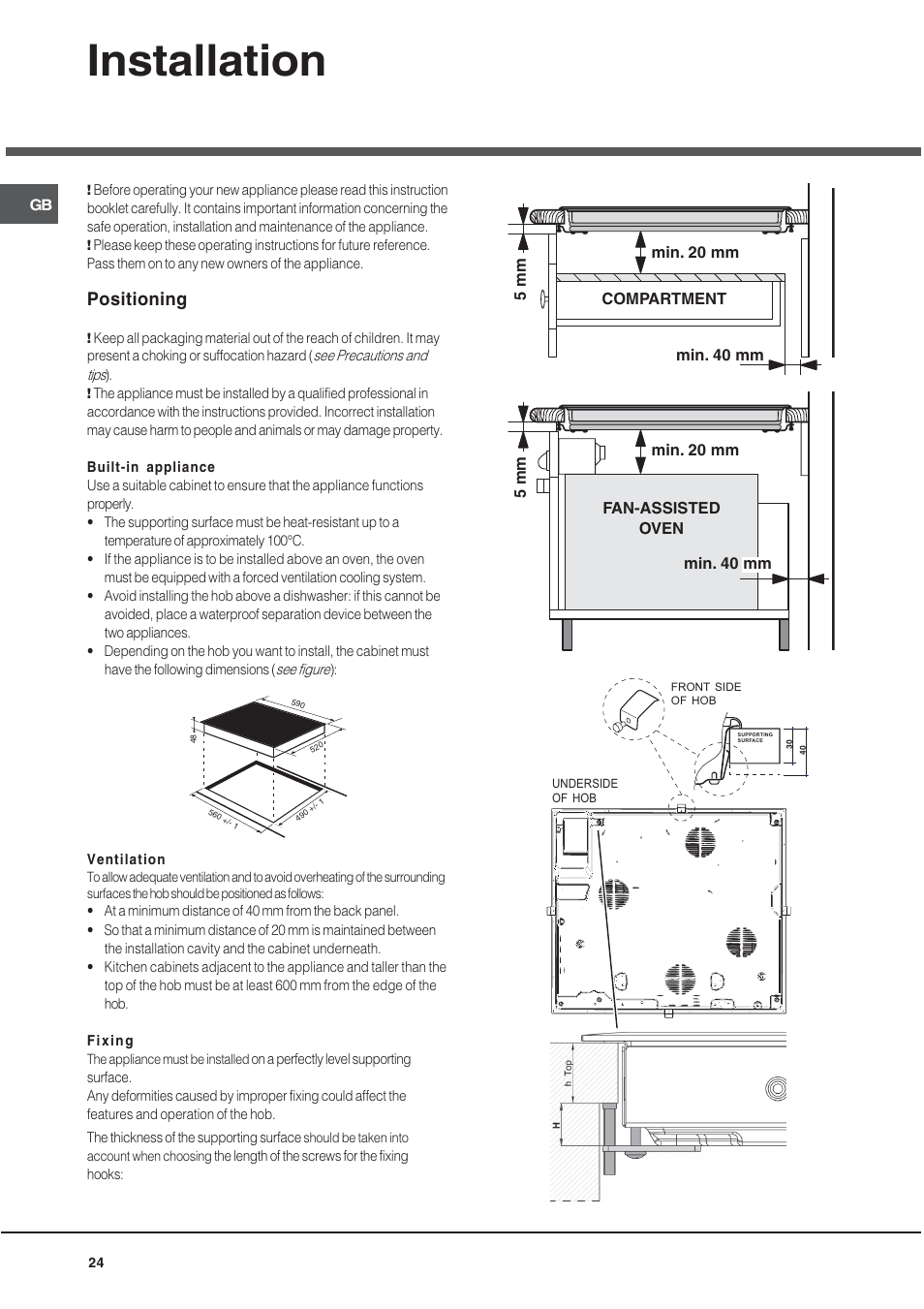 Installation, Positioning | Hotpoint Ariston KIO 633 T X User Manual | Page 24 / 56