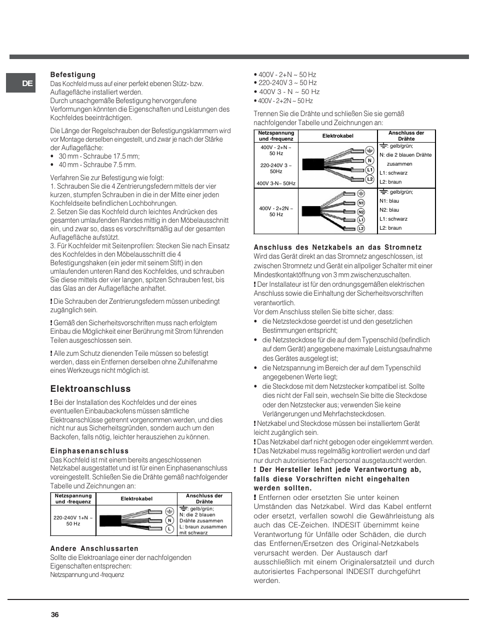 Elektroanschluss | Hotpoint Ariston KIO 633 T X User Manual | Page 36 / 56
