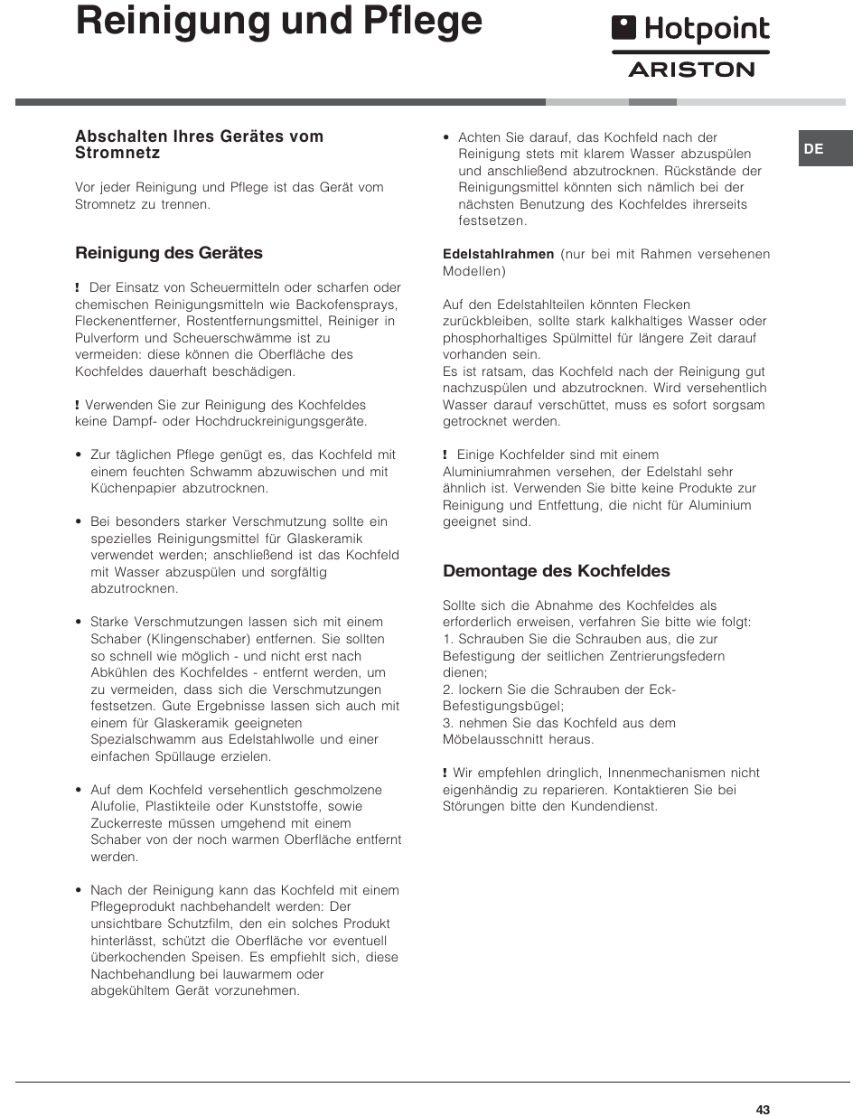 Reinigung und pflege, Abschalten ihres gerätes vom stromnetz, Reinigung des gerätes | Demontage des kochfeldes | Hotpoint Ariston KIO 633 T X User Manual | Page 43 / 56