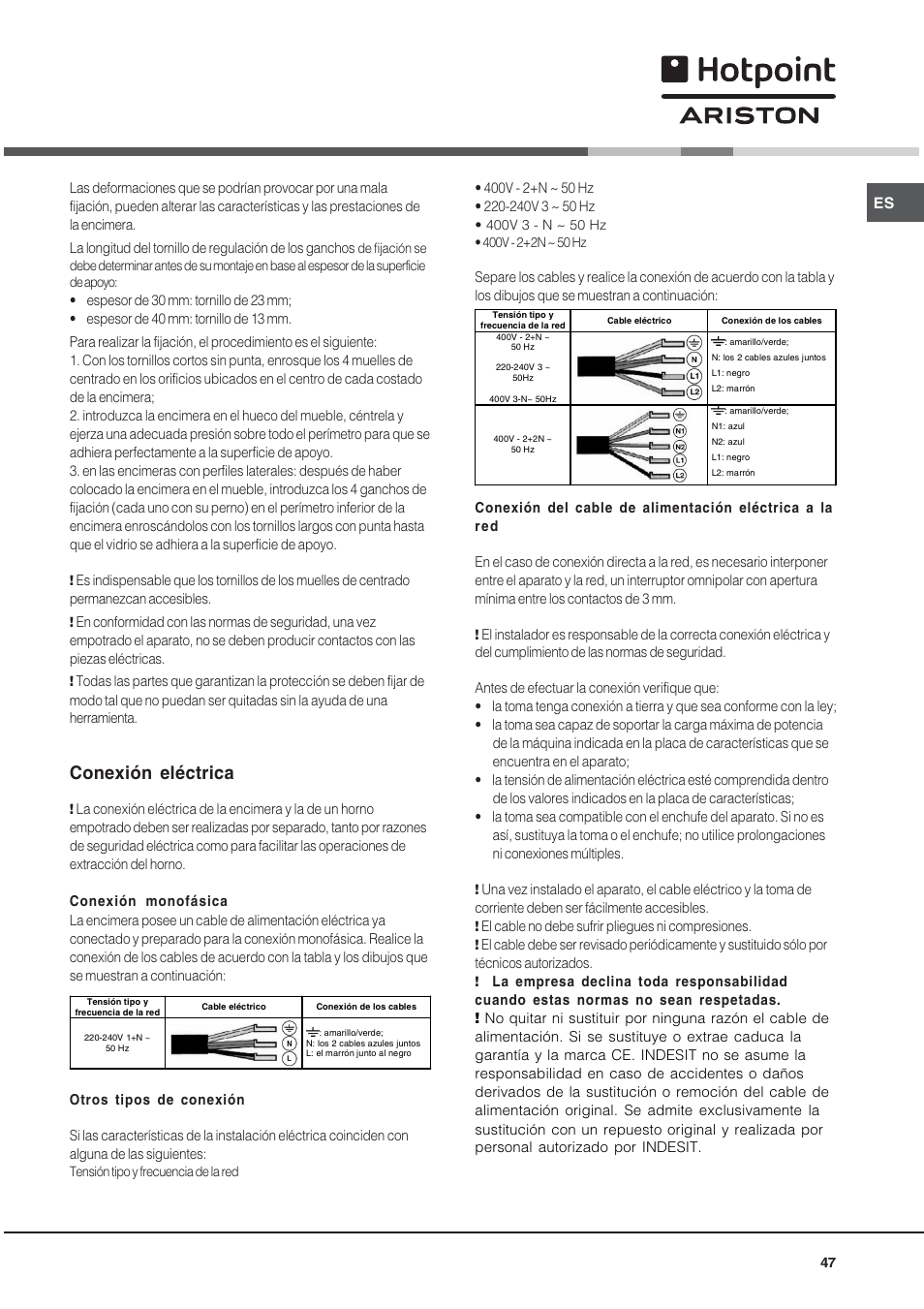 Conexión eléctrica | Hotpoint Ariston KIO 633 T X User Manual | Page 47 / 56