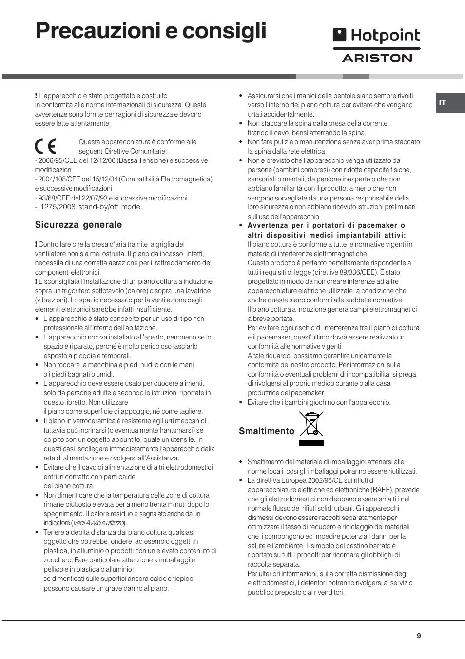 Precauzioni e consigli, Sicurezza generale, Smaltimento | Hotpoint Ariston KIO 633 T X User Manual | Page 9 / 56
