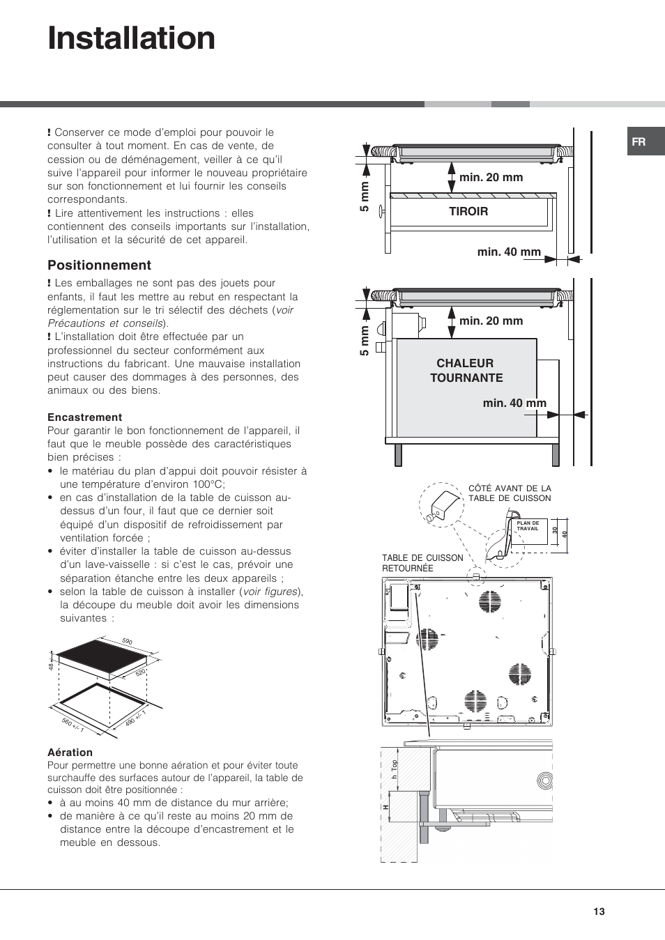 Installation, Positionnement | Hotpoint Ariston KRA 640 X User Manual | Page 13 / 56