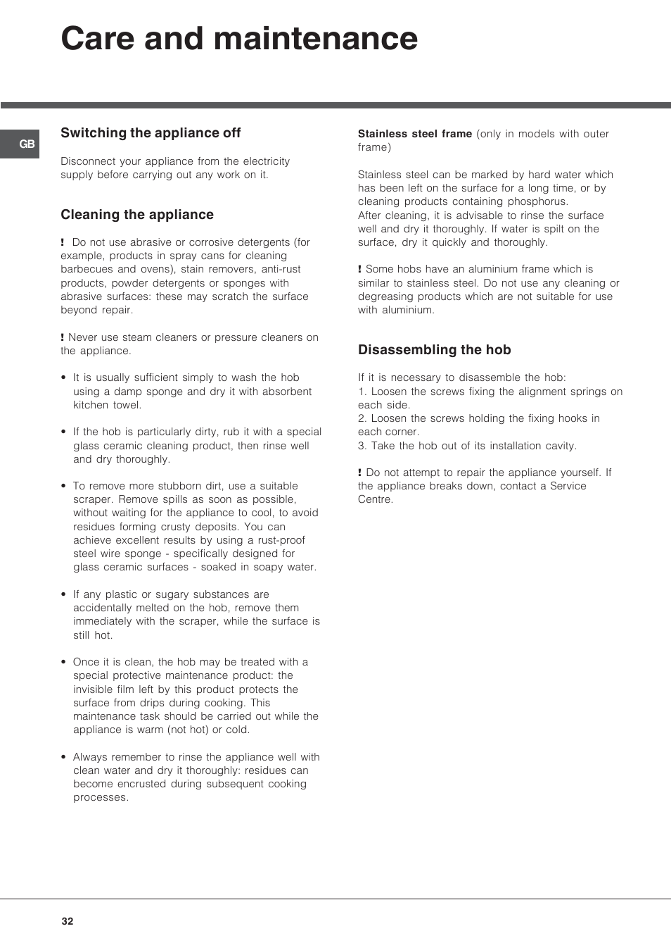 Care and maintenance | Hotpoint Ariston KRA 640 X User Manual | Page 32 / 56