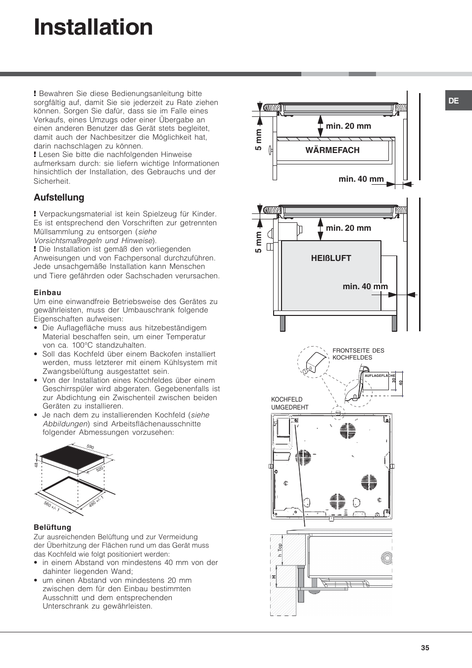 Installation, Aufstellung | Hotpoint Ariston KRA 640 X User Manual | Page 35 / 56