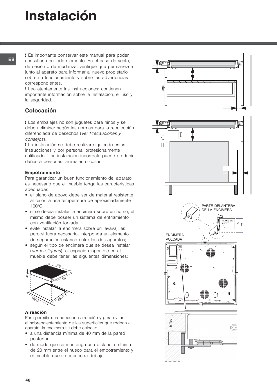 Instalación, Colocación | Hotpoint Ariston KRA 640 X User Manual | Page 46 / 56