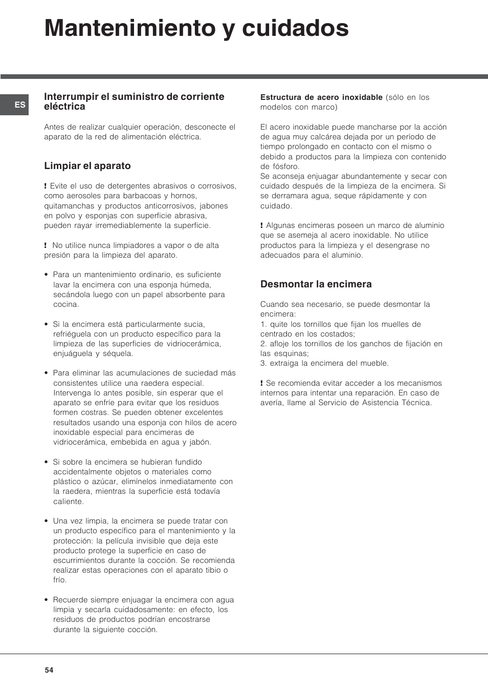 Mantenimiento y cuidados | Hotpoint Ariston KRA 640 X User Manual | Page 54 / 56