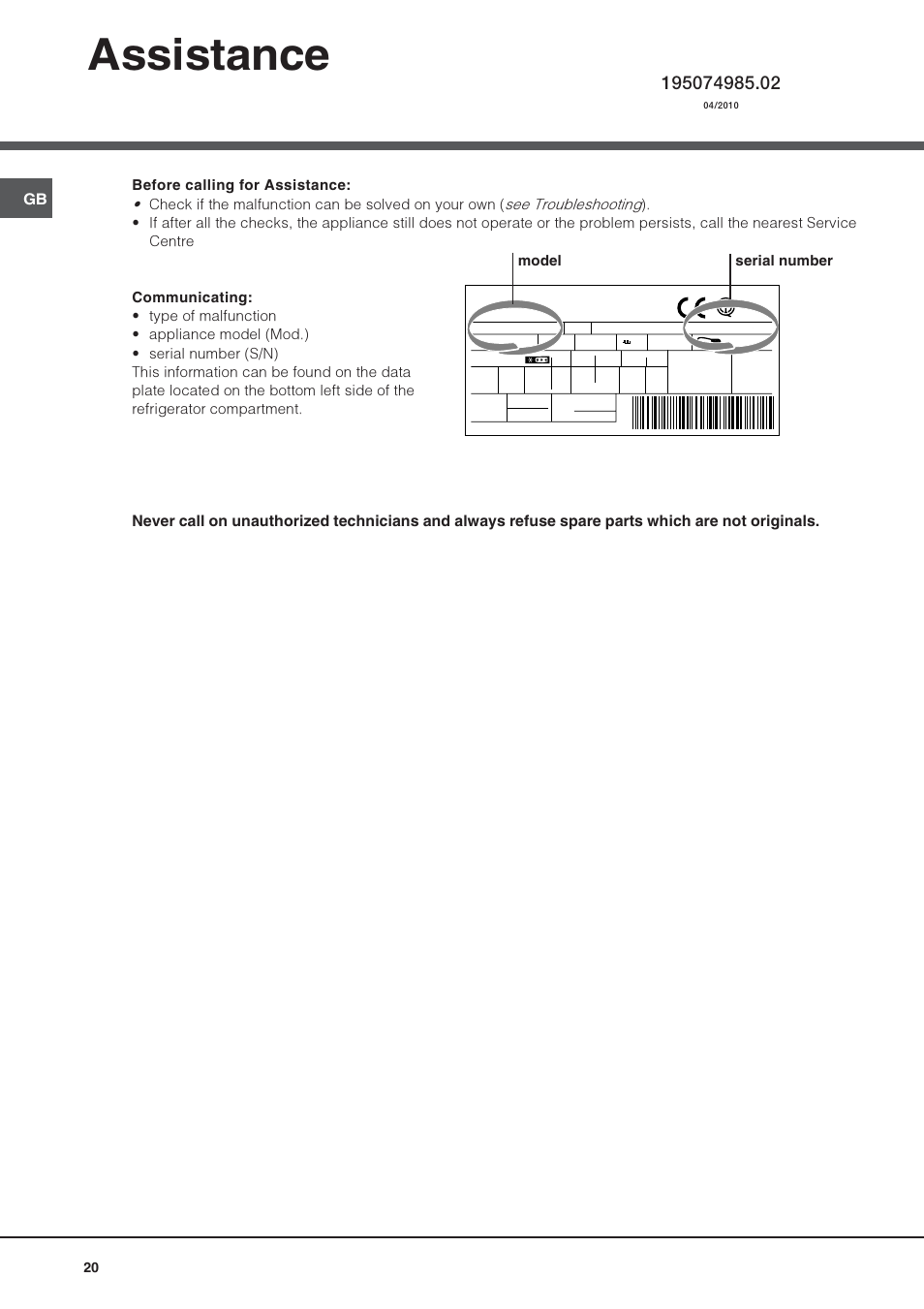 Assistance, Model serial number | Hotpoint Ariston Combiné Quadrio 4D AA W-HA User Manual | Page 20 / 60