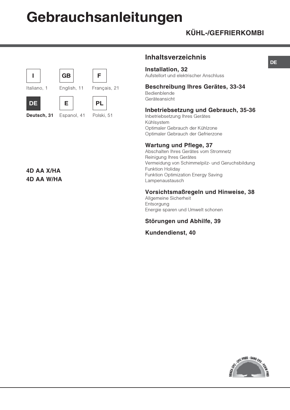 Gebrauchsanleitungen, Kühl-/gefrierkombi inhaltsverzeichnis | Hotpoint Ariston Combiné Quadrio 4D AA W-HA User Manual | Page 31 / 60