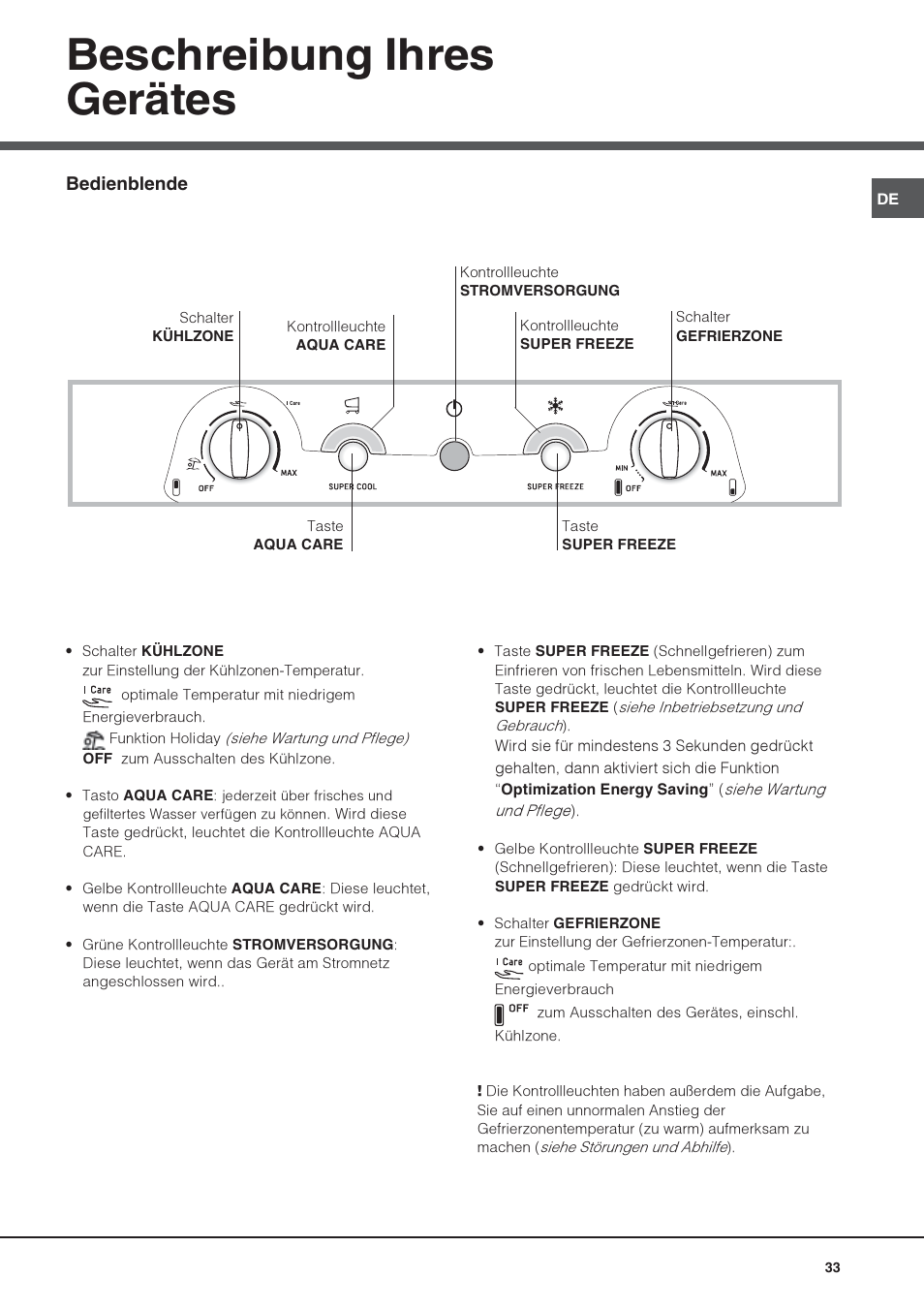 Beschreibung ihres gerätes | Hotpoint Ariston Combiné Quadrio 4D AA W-HA User Manual | Page 33 / 60