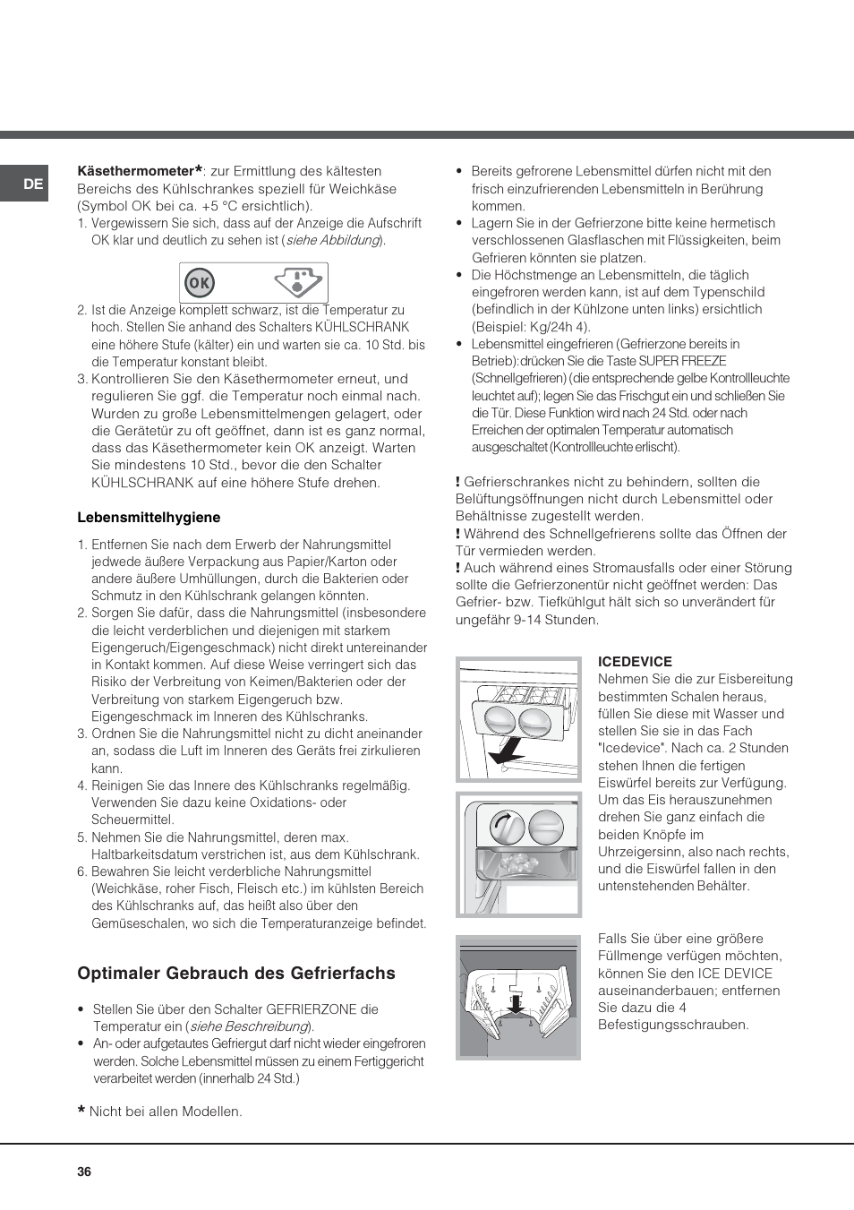 Optimaler gebrauch des gefrierfachs | Hotpoint Ariston Combiné Quadrio 4D AA W-HA User Manual | Page 36 / 60