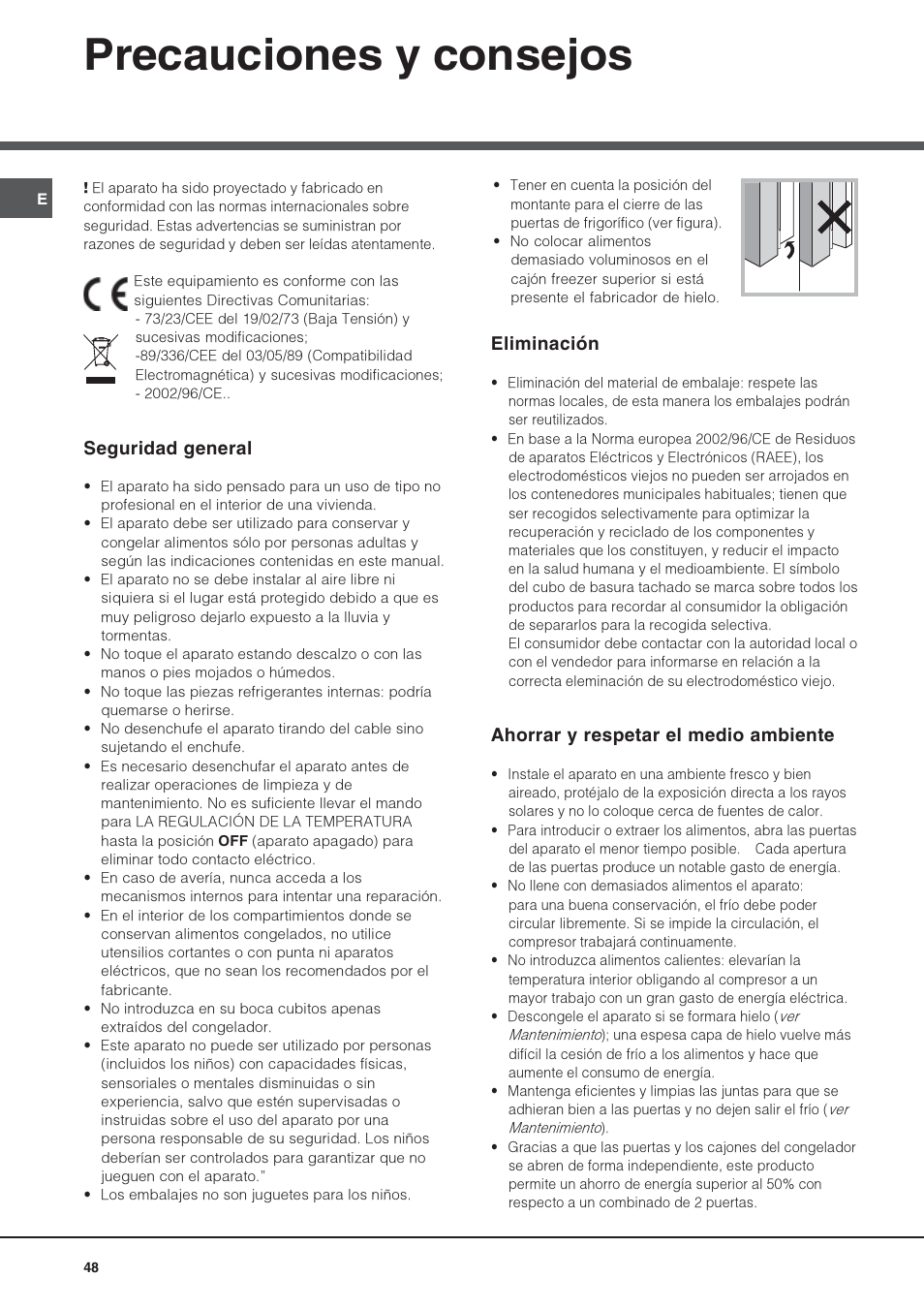Precauciones y consejos, Seguridad general, Eliminación | Ahorrar y respetar el medio ambiente | Hotpoint Ariston Combiné Quadrio 4D AA W-HA User Manual | Page 48 / 60