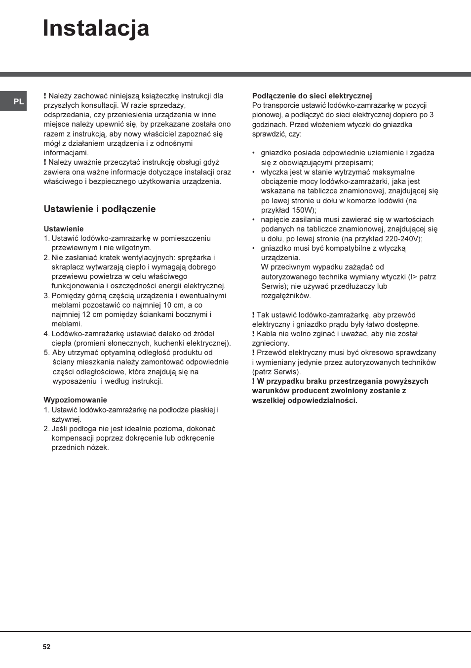 Instalacja, Ustawienie i pod³¹czenie | Hotpoint Ariston Combiné Quadrio 4D AA W-HA User Manual | Page 52 / 60