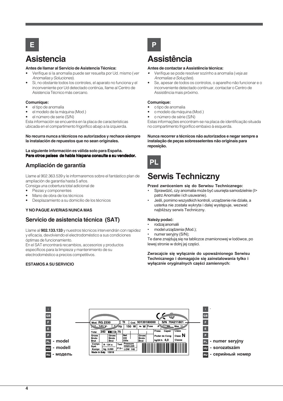 Asistencia, Assistência, Ampliación de garantía | Servicio de asistencia técnica (sat) | Hotpoint Ariston Double porte NMTM 1921 VWB-HA User Manual | Page 4 / 44