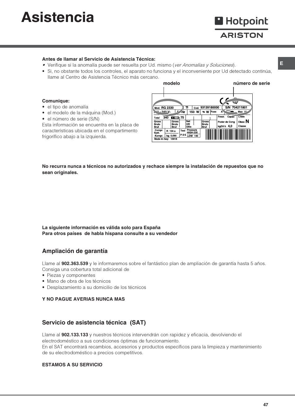 Asistencia | Hotpoint Ariston Combiné NMBL 1921 FW-HA User Manual | Page 47 / 60