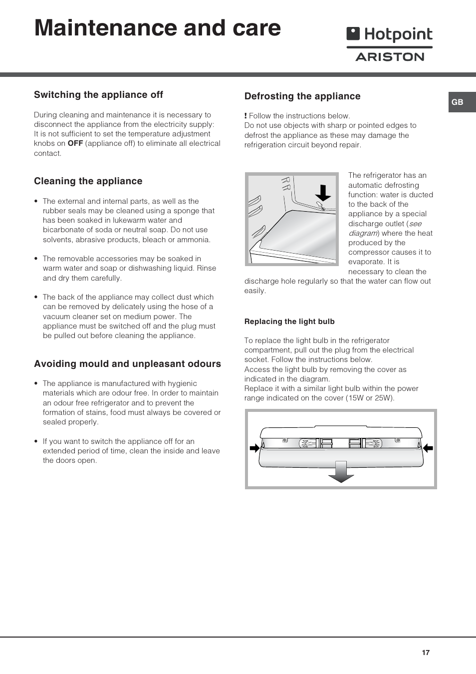 Maintenance and care | Hotpoint Ariston Monoporte SDS 1721 V-HA User Manual | Page 17 / 52